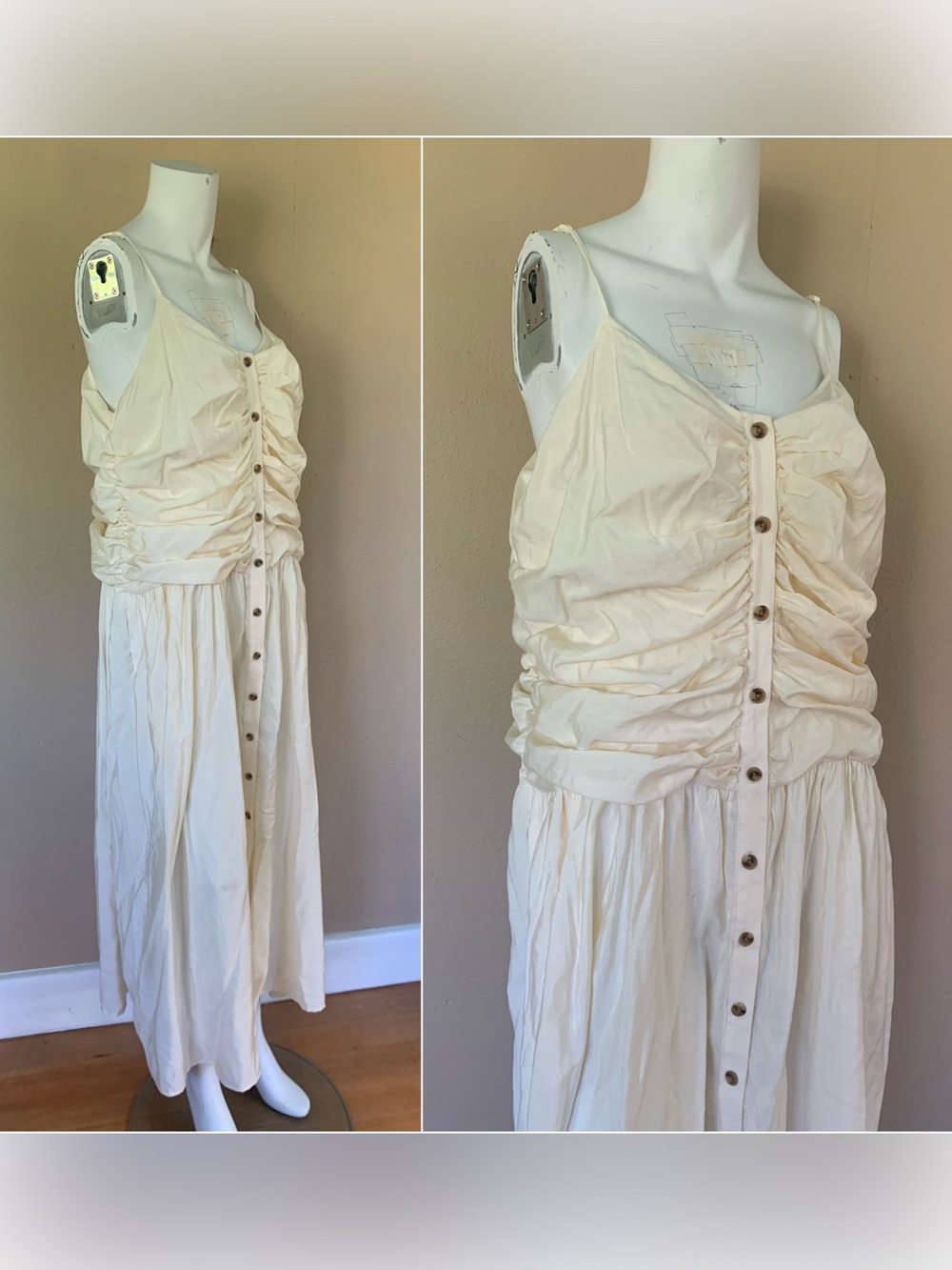Future Collective Cream Button Up Spaghetti Strap Midi Dress w Ruched Detailing - Picture 2 of 5